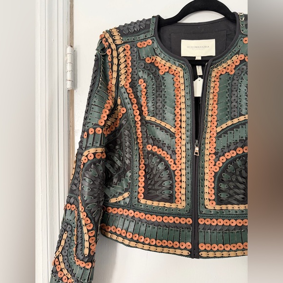 BCBGMaxAzria Runway Green & Tan Embellished Cropped Leather Jacket - Picture 4 of 7
